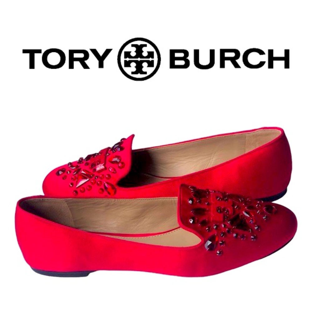 ‼️SOLD‼️ Tory Burch Logo Red Beaded Delphine Ballerina Loafers Flats
